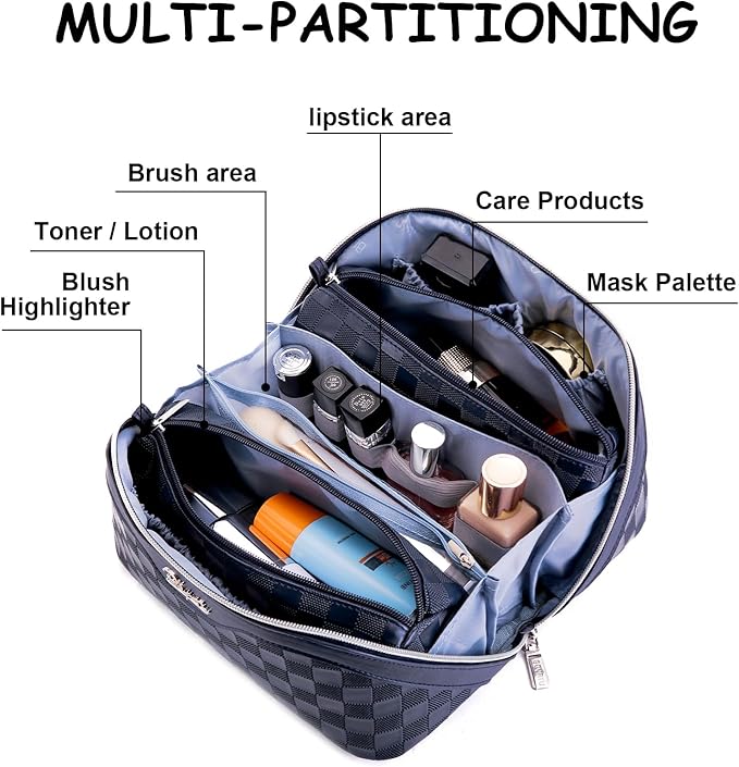 BOYATU Travel Makeup Bag Organizer Cosmetic Bag: 3 Pcs Set Make up Bags for Women with Handle - Waterproof Vegan Leather Toiletry Bags Travel Essentials Pouch with Compartments (03-A-Dark Blue)