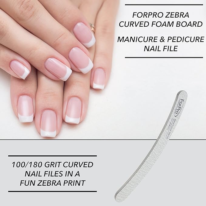 ForPro Professional Collection Zebra Curved Foam Board, 100/180 Grit, Double-Sided Manicure and Pedicure Nail Files, 7” L x .75” W, 50-Count