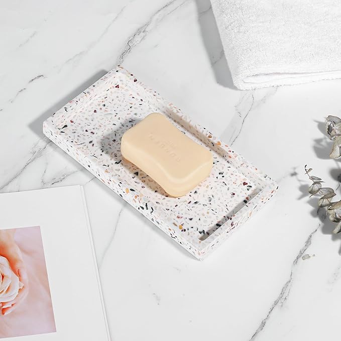 Luxspire Bathroom Vanity Tray, 8 x 4 inch Resin Kitchen Sink Tray for Soap Dispenser Bathroom Countertop Organizer Plate Holder for Perfume Soap Towel Bathroom Accessories, Mini, Terrazzo