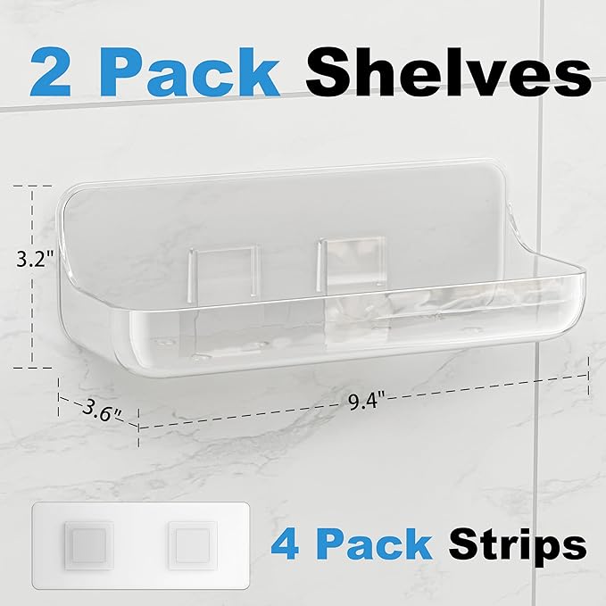Adhesive Shower Caddy, 2 Pack Acrylic Bathroom Shelves, No Drill Wall Mount Organizer Storage Shelf