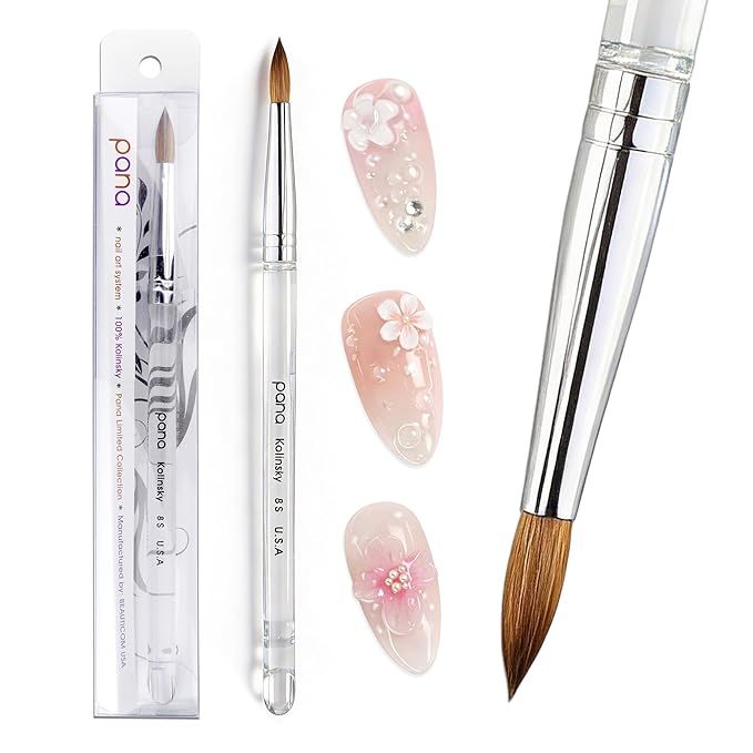 PANA Pure Kolinsky Hair Nail Brush - Round Clear Acrylic Handle (Size 8) - Nail Brush for Nail Application, Nail Extension, Manicure Pedicure Salon Beginner and Professional