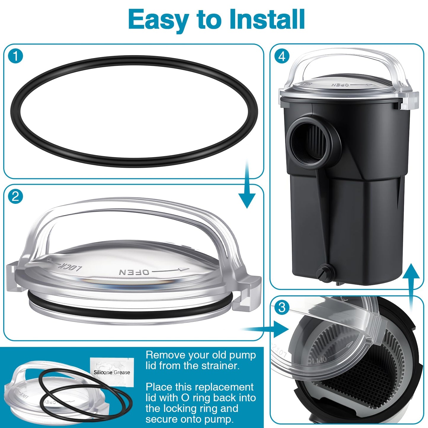 Feekoon Pool Pump Lid and O Ring, Pump Strainer Lid Compatible with Hayward Power-Flo SPX1500D2A, Clear Strainer Cover Replacement, 1 Extra O Ring and Lubricating Grease Included