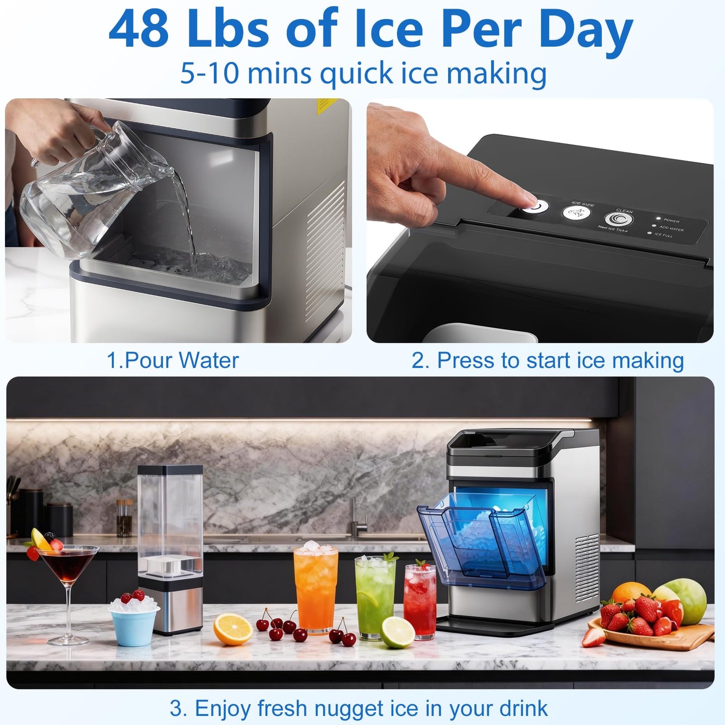 Hxgexin Nugget Ice Maker Countertop, 48LBS/24H Chewable Pellet Ice Maker with 0.8 Gal Water Tank, 5 Mins Fast Ice Making, Self-Cleaning Chewable Ice Machine with Low Noise for Home, Office, Bar