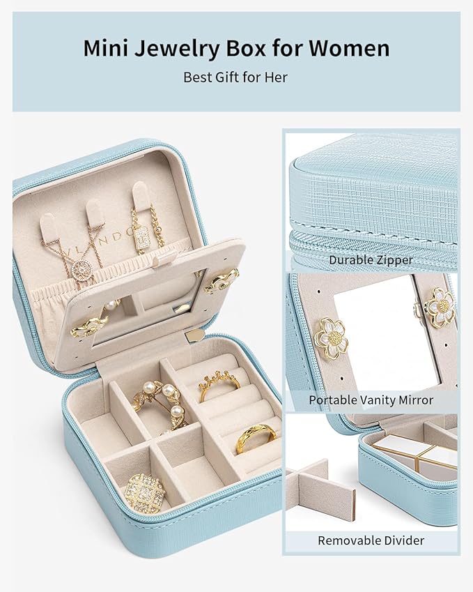 VLANDO Teacher Appreciation Graduation Gifts - Small Travel Jewelry Box Organizer - Display Case for Girls Women Gift Rings Earrings Necklaces Storage with Mirror Blue
