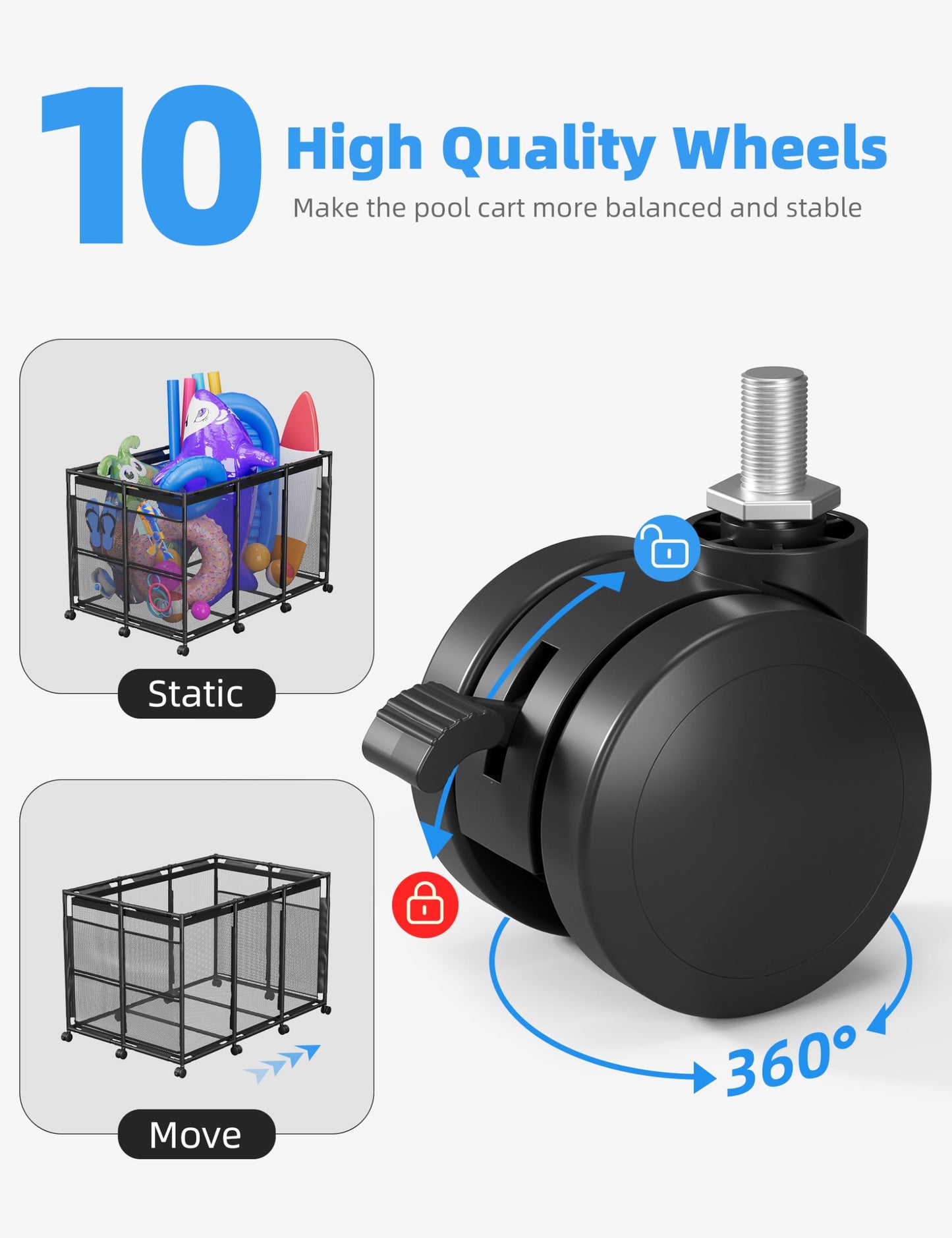 POOLHOUR Pool Float Storage – XXL Large Outdoor Pool Toy Storage Organizer for Pool Noodles, Toys, Floats, Balls,Equipment, Mesh Rolling Storage Organizer Bin, Black