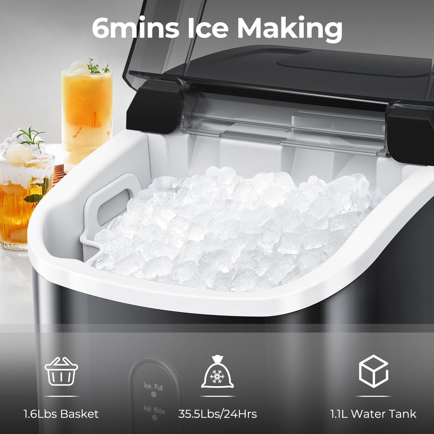 ZAFRO Ice Makers Countertop with Self-Cleaning, 9 Ice Cubes in 6Mins, 26.5lbs/24Hrs, Portable Ice Maker with Ice Scoop and Ice Basket for Kitchen/Home/Bar, White