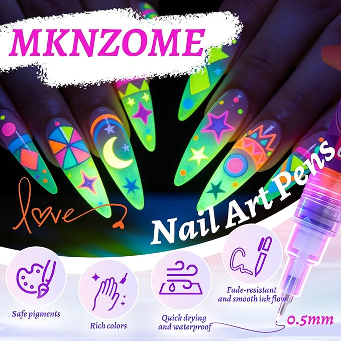 24 Color Nail Art Pens, Classic & Neon Nail Markers Set 0.5 MM Fine Tip Nail Polish Pens Drawing Painting Point Liner Painted Pen Kit, Waterproof DIY Nails Art Design Manicure Tools