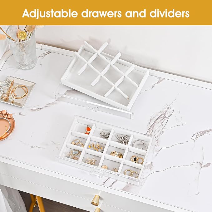 ProCase Earring Holder Organizer Jewelry Box with 3 Drawers, Acrylic Clear Earring Case with Adjustable Velvet Trays for Women - Warmwhite, 3 Layers