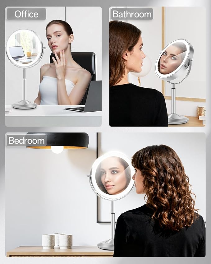 VFD 30X/1X Makeup Mirror with Lights, Height Adjustable Lighted Magnifying Vanity Mirror with 3 Lighting and Adjustable Brightness, 3000mAh Rechargeable Double Sided Switch for Desk Women Gift