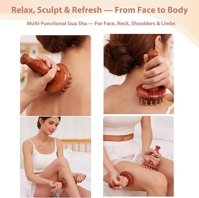 29teeth Copper Head Massage Comb for Body and Scalp Meridian Point Massager Brush for Body and Scalp Relief Body Massage Brush for Cellulite Remover Chinese SPA Gua Sha Tool Wooden Handle 按摩梳, 经络刷