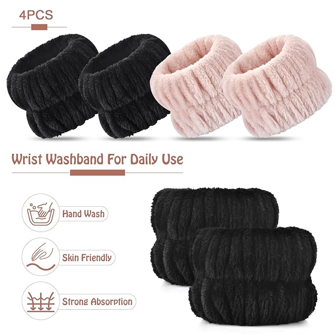 Wrist Bands for Washing Face, 4pcs Spa Face Washing Wristbands, Microfiber Arm Wrist Towels, Absorbent Wash Wristbands for Woman Men, Prevent Water from Spilling Down Your Arms