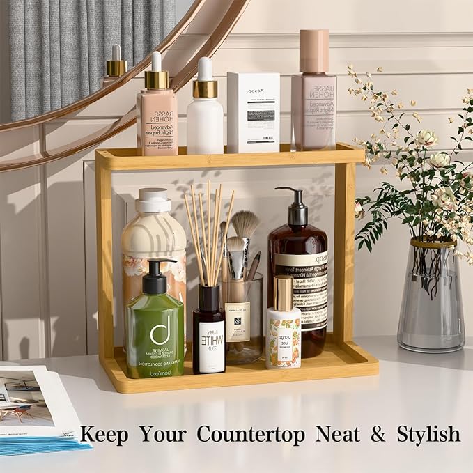 PEKER Bamboo Bathroom Organizer Countertop Ã¢ÂÂ Small Vanity Storage Shelf for Makeup, Perfume, Skincare Ã¢ÂÂ Natural Cosmetics Display Rack for Dresser, Sink, Kitchen Ã¢ÂÂ Natural