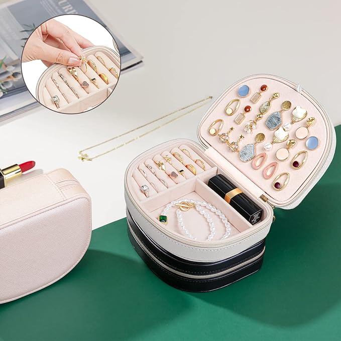 ProCase Travel Size Jewelry Box, Medium Portable Seashell-Shaped Jewelry Case, 2 Layer Mini Jewelry Organizer in PU Leather for Women -Silver
