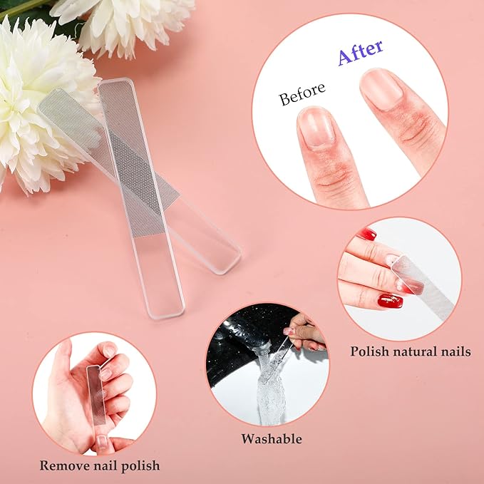 Zhehao 6 Pcs Glass Nail File and Nail Shiner Set Manicure Pedicure Glass File Buffer Cuticle Trimmer Nano Finger Nano Foot Scrubber Callus Remover Foot Care Pedicure Fingernails Toenail (Rose Red)