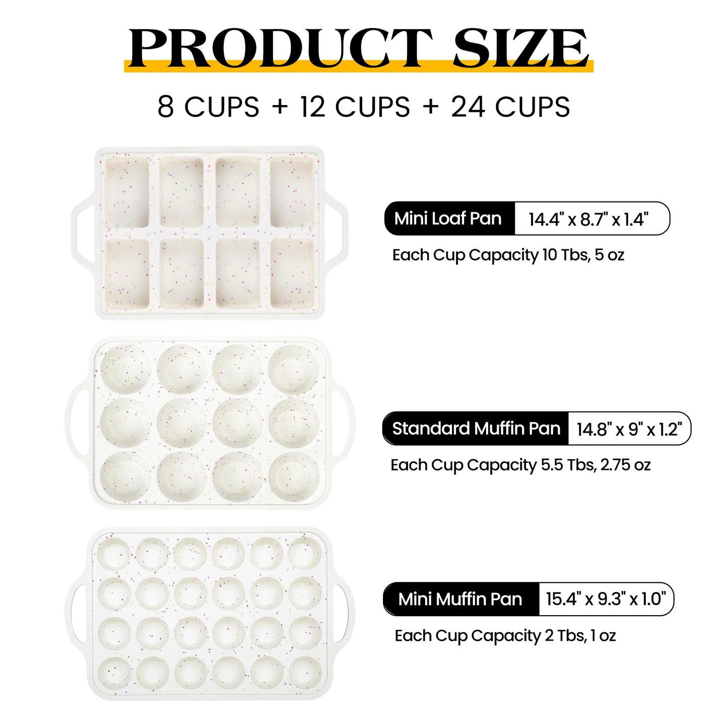 AOTASO 3 Pcs Silicone Baking Pan Set - Including Mini Loaf Pan, Standard Muffin Pan and Mini Muffin Pan - Silicone Cupcake Molds With Metal Reinforced Frame (Cream)