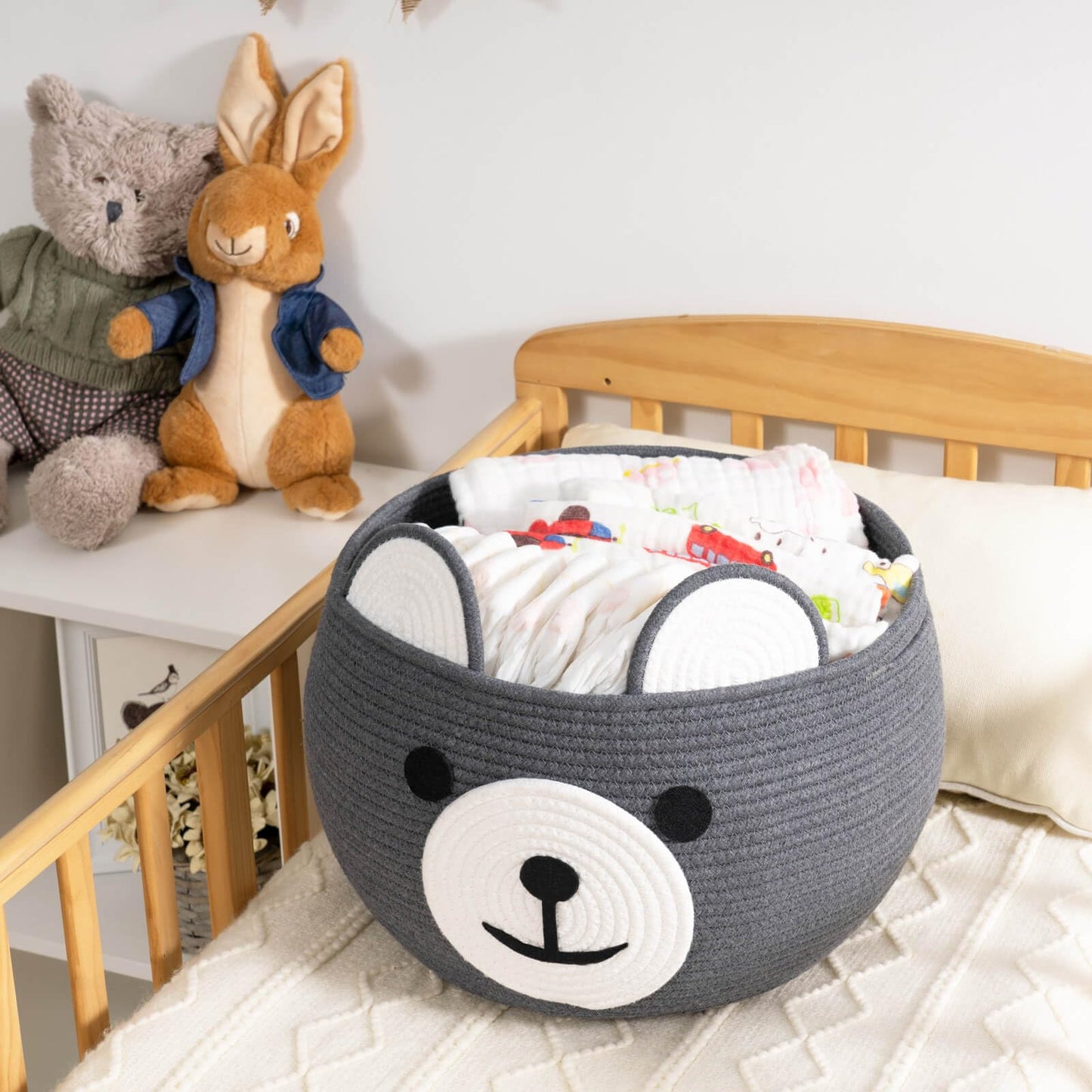 CherryNow Cotton Rope Baby Cute Storage Basket for Organizing, Toy Woven Rope Bear Basket for Kids, Empty Gift Baskets with Handles, Grey, 15.7" D x 10.5" H