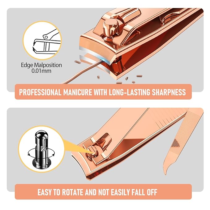 Nail Clipper Set, Sturdy Stainless Steel Fingernails & Toenails Clippers & Nail File, Sharp Effortless Fingernail Toenail Trimmer, Portable Nail Cutter for Women Men（Rose Gold）