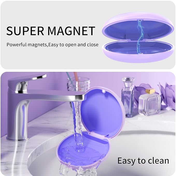 2 Pack Retainer Case, Compatible with Invisalign, Slim Aligner Case with Removal Tool, Aligner Seaters & Brush, Pocket Size Secure Magnetic Closure for Travel - Purple