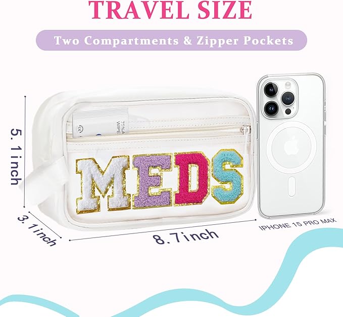 COSHAYSOO Clear MEDS Bag Travel Medicine Zipper Pouch Small Medication Drug Pills Storage Case, Preppy Cute Cruise Air Car Traveling Essentials Accessories Organizer Easter Gift for Women Teen Girls