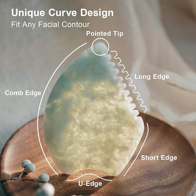 Jade Gua Sha Facial Tool - Face Massager Stone to Lift/Sculpt/Tone/De-Puff, Double Chin Reducer, Jawline Shaper, Lymphatic Drainage Face Sculpting Tool, Natural Translucent Bian Stone