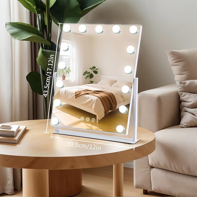 Vanity Mirror with Lights, 17'' x 13'' Lighted Makeup Mirror for Desk, Hollywood Mirror with 15 Dimmable Bulbs, 3 Color Modes, Smart Touch Control, 360°Rotation, Gifts for Girls