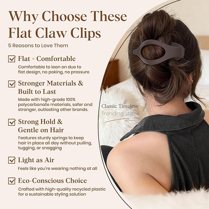 4 PCS Large Flat Hair Clips for Women Girls, French Concord Lay Down Flat Claw Clips for Thick Thin Hair, Comfortable Curved Flat Hair Clip, Matte Non-slip Strong Hold Hair Accessories, Brown