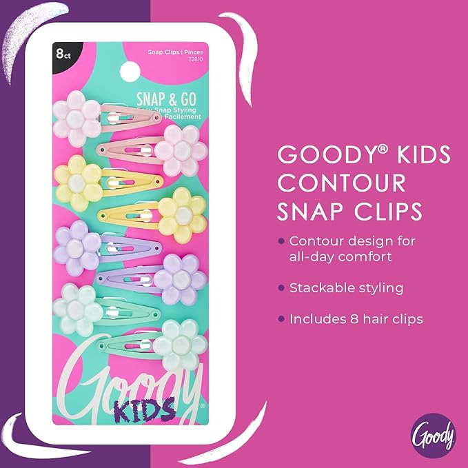 Goody Kids Mini Epoxy Contour Snap Clips - 8 Count, Daisy Charm - Just Snap Into Place - Suitable for All Hair Types - Pain-Free Hair Accessories for Women and Girls - All Day Comfort (Pack of 2)