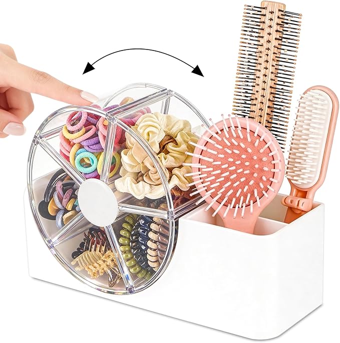 Hair Accessories Organizer for Girls, 2-Slot Hair Brush Holder & 5-Section Rotating Wheel, Cute Makeup Brush Holder for Hair Tile, Clip, Makeup Brush, Earring, Ring, Kids Vanity Accessories (White)
