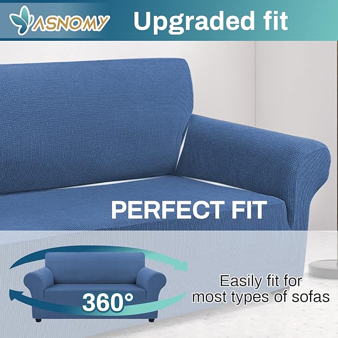 Asnomy Sofa Covers for 2 Cushion Couch Stretch loveseat Covers Slipcovers, Pet Protector Furniture Covers for Dogs Cats Spandex Jacquard Fabric Small Checks （Medium，River Blue）