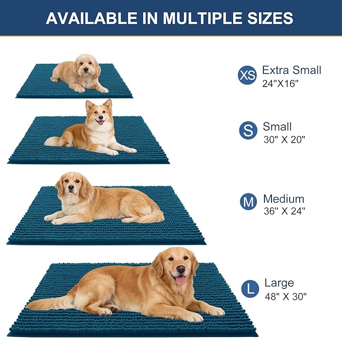 OLANLY Dog Door Mat for Muddy Paws 44x24, Ultra Absorbent Chenille Mud Doormat, Non-Slip Washable and Dirt Trapping Doormat for Indoor Entryway, Quick-Dry Indoor Pet Bed Mats for Dogs, Atlantic Blue