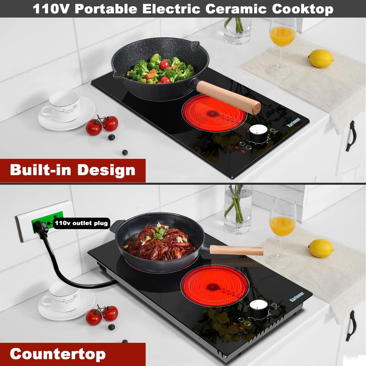 Karinear 110V Electric Cooktop 2 Burners, 19 Inch Electric Stovetop Knob Control, 110v Outlet Plug, Countertop Use or Built-in Radiant Ceramic Cooktop, 9 Power Level