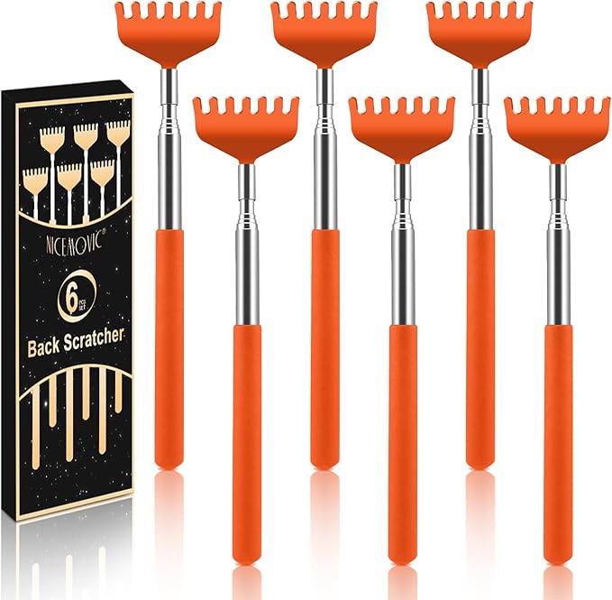 NICEMOVIC 6 Pack Back Scratcher for Women Men, Christmas Stocking Stuffers, Prizes for Adults, White Elephant Gifts for Adults, Extendable Bulk Back Massager Tool for Thanksgiving Birthday (Orange)