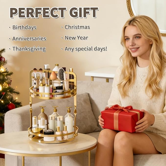 360ÃÂ° Rotating Makeup Organizer, 2-Tier Gold Perfume Organizer for Dresser, Bathroom Organizers Countertop, Perfume Shelf with Makeup Brush Holder, Skincare Holder Cosmetic Display(Gold)