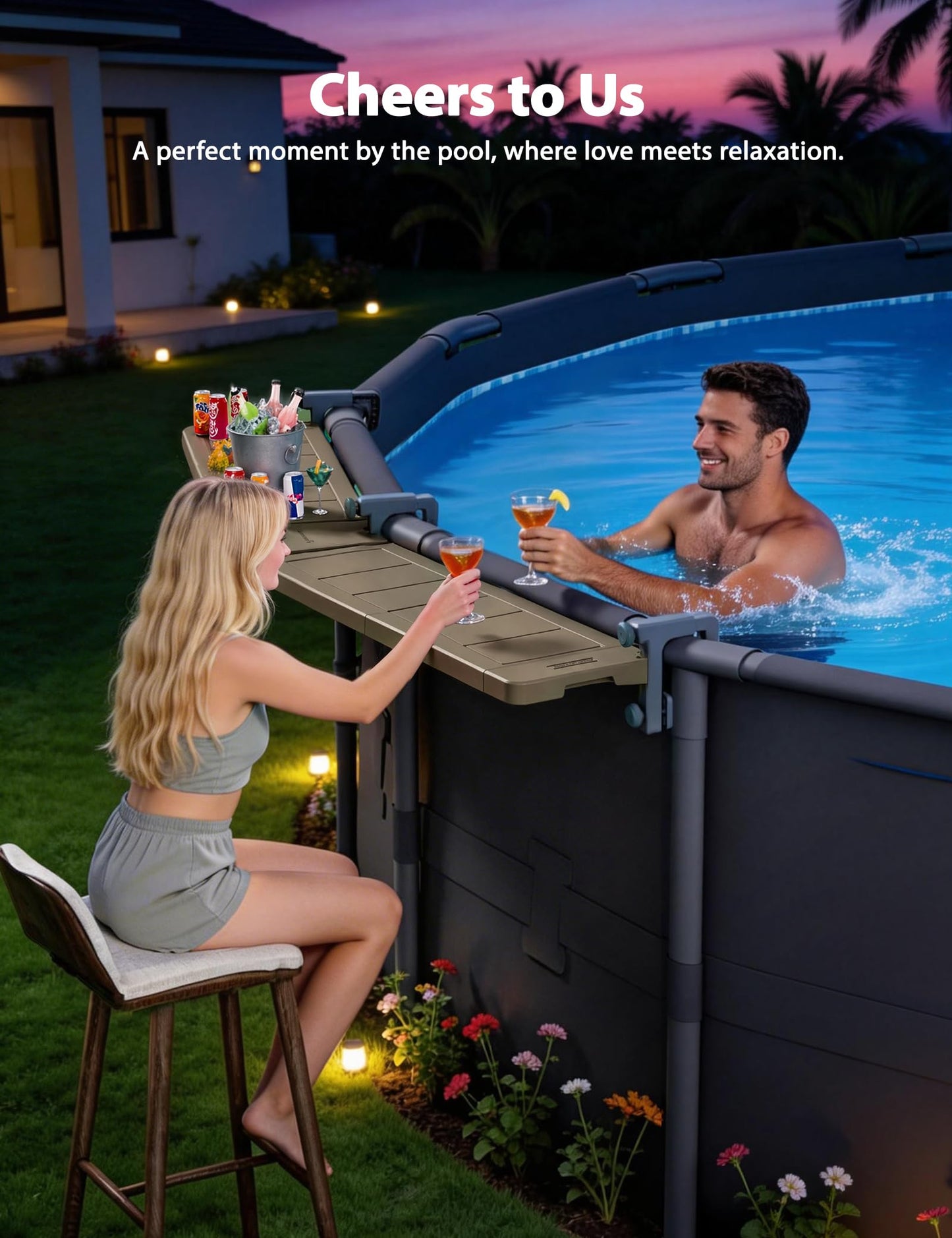 POOLHACKER Poolside Bar Extended for Above-Ground Round Pools, Original Swim-Up Bar Table, Foldable Patio Poolside Table, Weather-Resistant Stable Tabletop, Easy Maintenance, Brown