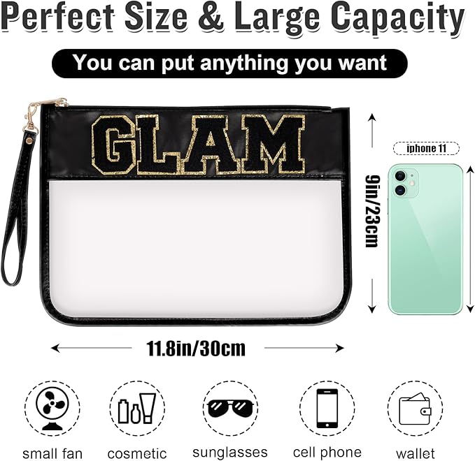 Izuzt Chenille Letter Clear Bag Glam Purse Pouch, Monogram PVC & PU Clear Zipper Pouch with Wristlet, Waterproof Portable Glitter Snacks Makeup Beach Toiletry Bag for Women Girls (GLAM-Black)