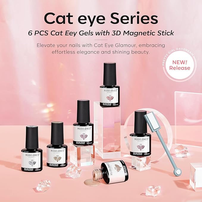 modelones Gel Nail Polish Set, 6 Colors Nude Pink Silver 9D Glassy Cat Eye Glitter Gel Polish Semi-transparent Neutral Brown Nail Polish Soapnails with Magnet Soak Off Led Nail Art DIY Gift