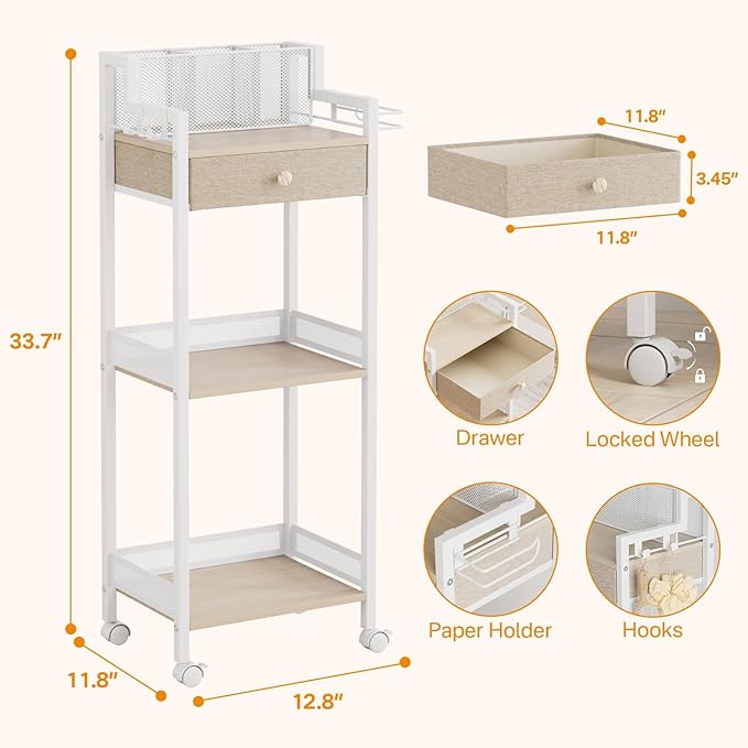 3 Tier Bathroom Shelf with Drawer, 12.8in Large Floor Makeup Organizers Cosmetics Display Cases Holder for Hair Tool, Skincare, Kitchen, Bathroom, Laundry Room Organization