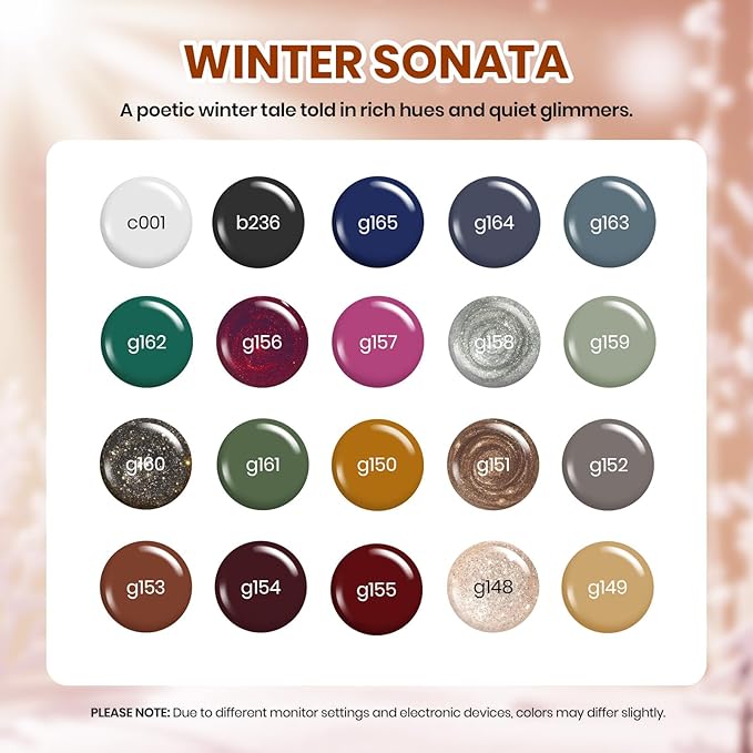 Beetles Gel Nail Polish Set – Sonata Gel Polish, 20 Colors Brown Burgundy Red Green Glitter Soak Off UV LED Gel Polish Kit with Base Coat Glossy Matte Top Coat Manicure Gift for Women