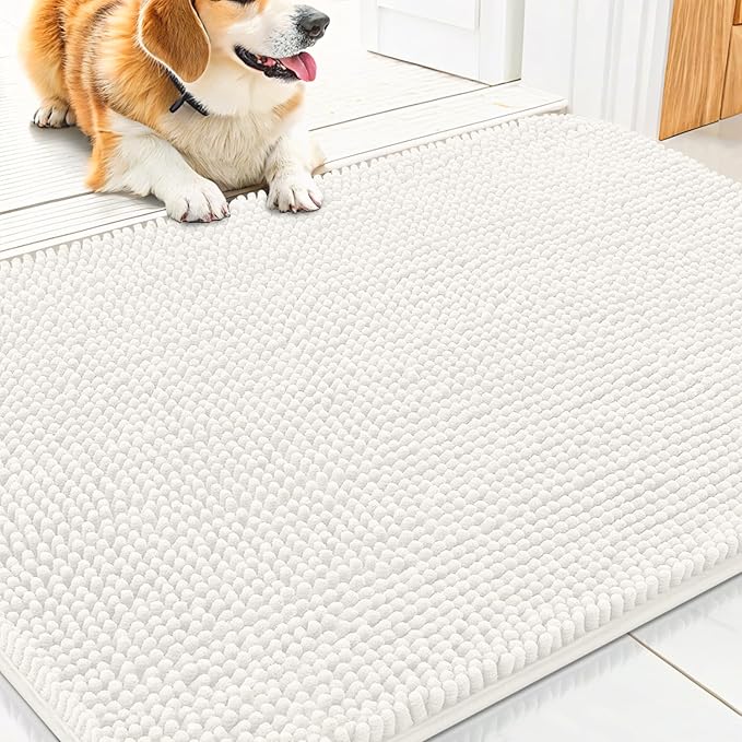 Smiry Dog Door Mat for Muddy Paws 30x20, Absorbs Moisture and Dirt Doormat, Non-Slip Washable Quick Dry Chenille Front Door Mat Indoor Entrance, Entryway Carpet for Inside Floor, Ivory