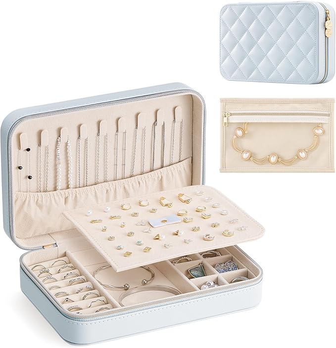 Lolalet Travel Jewelry Case for Women Girls, Travel Jewelry Organizer with Clear Storage Bag Small Portable Jewelry Box for Necklace Bracelet Earring Ring Birthday Bridesmaid Gifts -Large/Blue