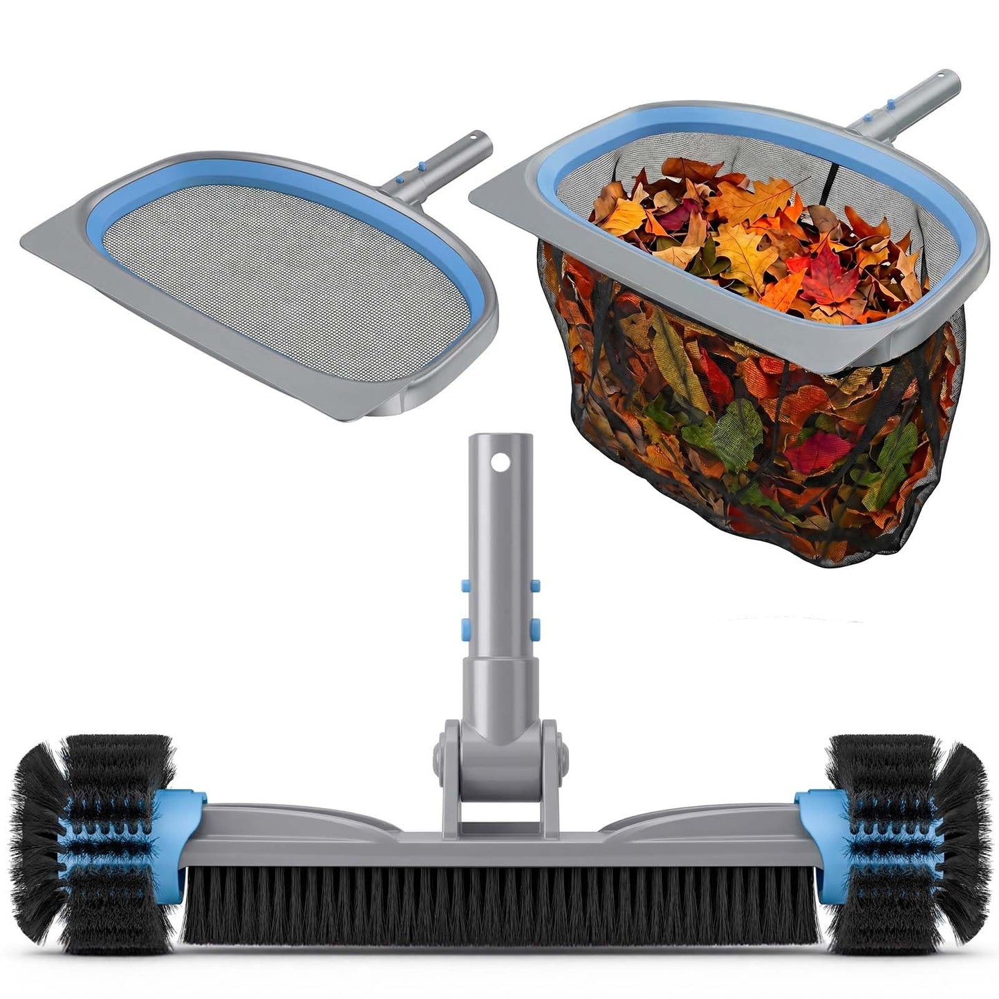 UIRWAY 3-in-1 Deluxe Swimming Pool Cleaning Kit - Includes Pool Brush with Detachable Side Round Ends, Deep Leaf Skimmer Net & Flat Fine Mesh Net for Inground & Above Ground Pools Cleaning(No Pole)