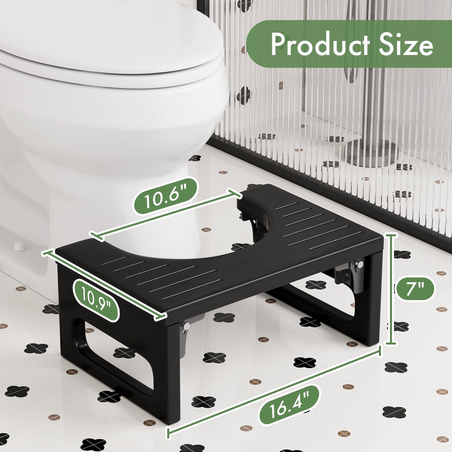 Bathway Squatting Potty Stool, Foldable Toilet Stool Squat for Adult, Bamboo Poop Stool, Foot Step Stools, Anti-Slip Pooping Stools for Bathroom, Black, 7''