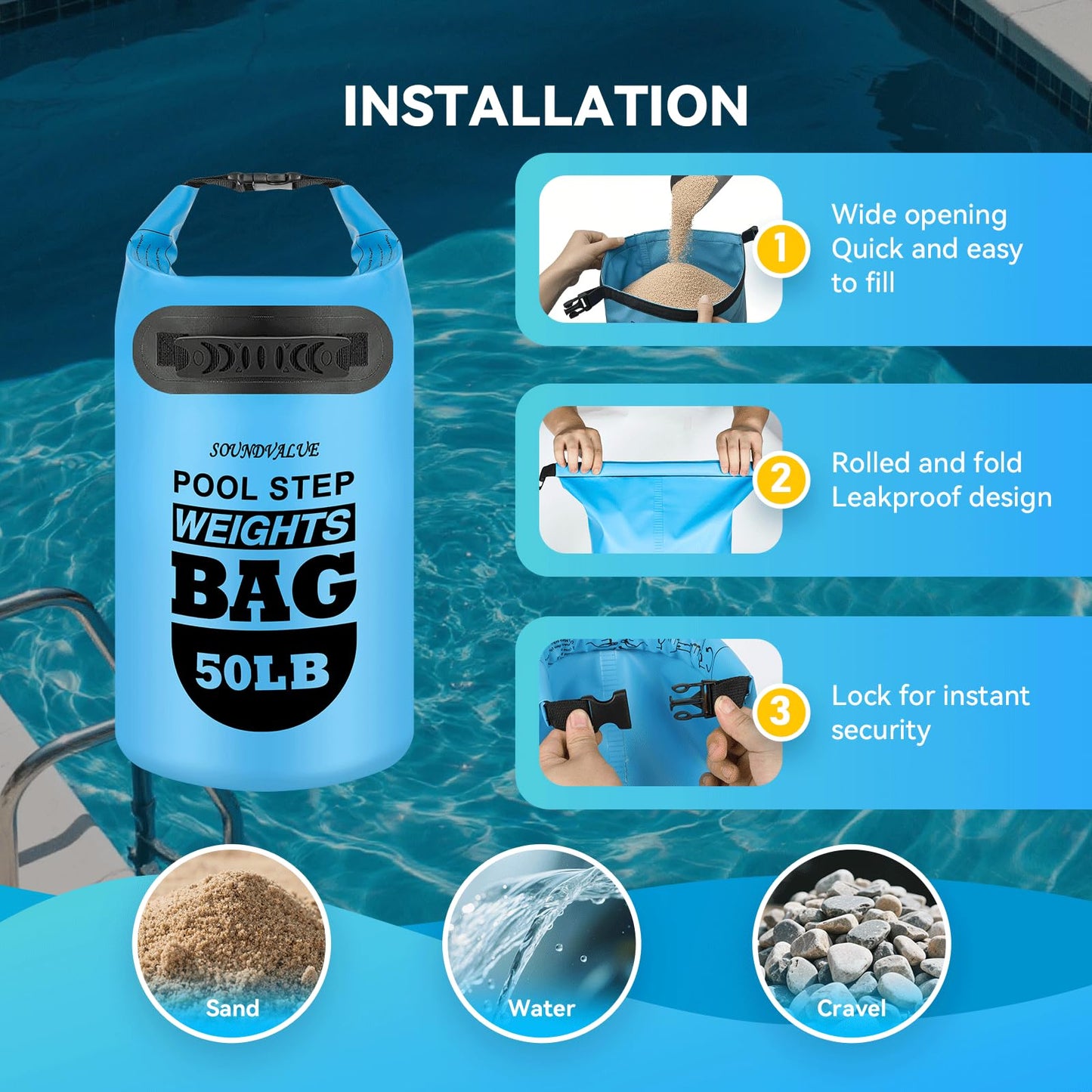 2 Pack 50lb Heavy Duty Pool Ladder Weights, Universal Above Ground Pool Step Sand Bags with Handles, 500D PVC Durable Waterproof & Foldable Sandbags for Swimming Pool Stairs (Sky Blue)