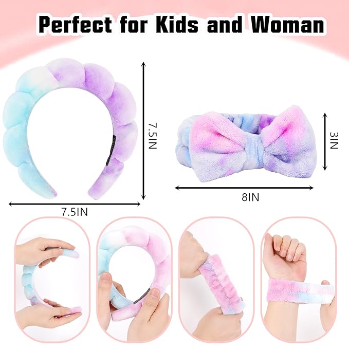 CAVETEE 6 Pack Puffy Bow Tie Headbands with Makeup Wristbands - Cute Spa, Face Washing and Makeup Set for Women and Girls