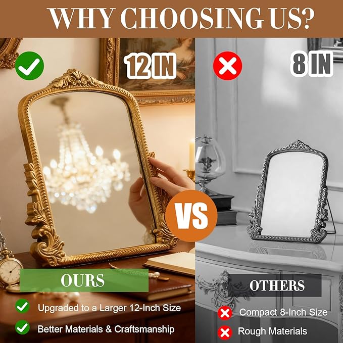 YUSONG Vintage Gold Mirror for Desk - 12" Vanity Mirrors with Resin Frame Decorative Wall Art for Tabletop Living Room Retro Decor