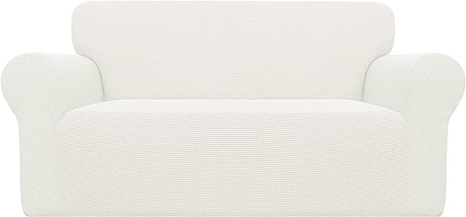 Easy-Going Stretch Loveseat Slipcover 1-Piece Sofa Cover Furniture Protector Couch Soft with Elastic Bottom for Kids Polyester Spandex Jacquard Fabric Small Checks (Loveseat, Cream)