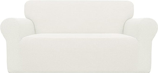 Easy-Going Stretch Loveseat Slipcover 1-Piece Sofa Cover Furniture Protector Couch Soft with Elastic Bottom for Kids Polyester Spandex Jacquard Fabric Small Checks (Loveseat, Cream)