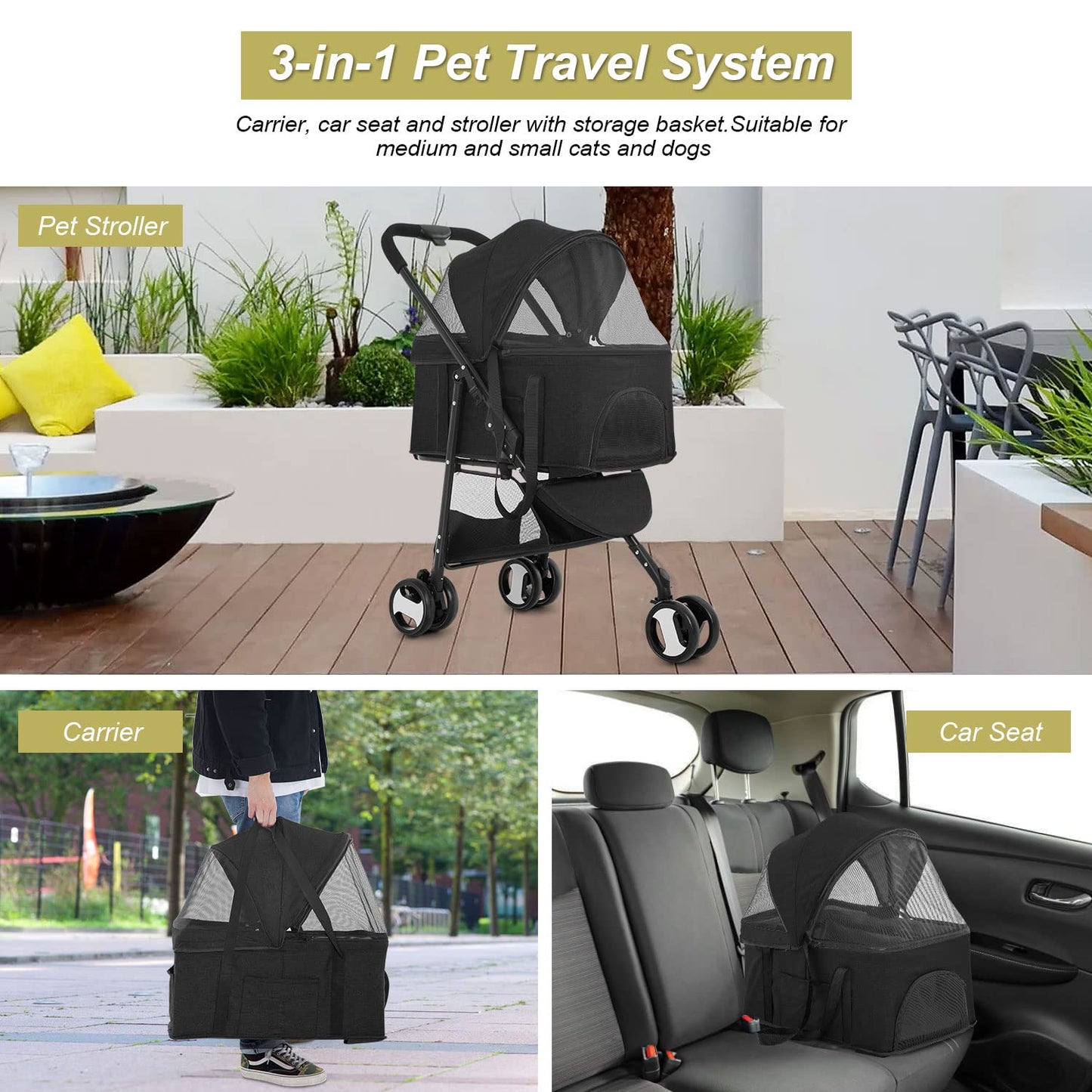 BestPet Pet Stroller Premium 3-in-1 Multifunction Dog Cat Jogger Stroller for Medium Small Dogs Cats Folding Lightweight Travel Stroller with Detachable Carrier, Black