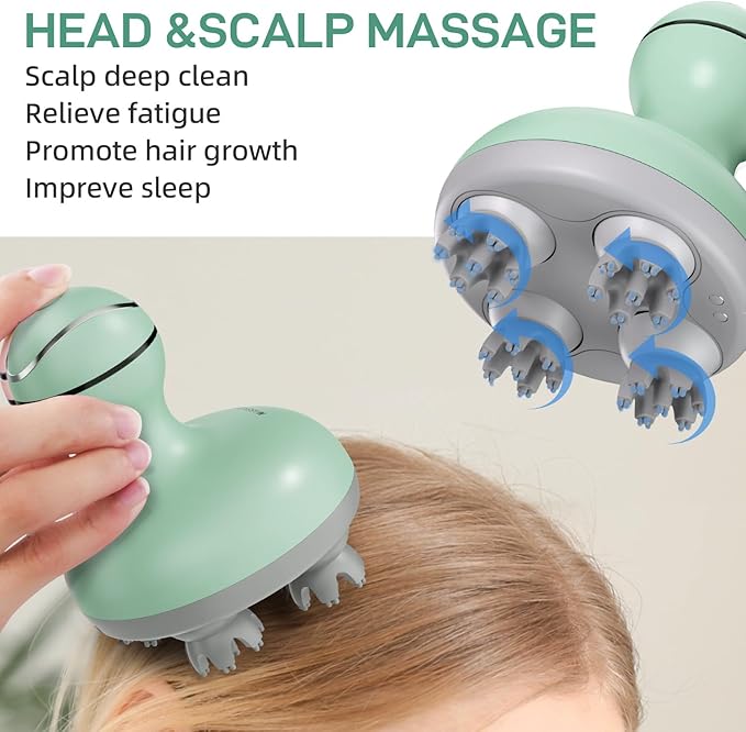 cotsoco Electric Scalp Head & Back Massager, Cordless Hair Massage Waterproof Head Massager with 4 Heads 84 Nodes for Hair Growth, Stress Relief & Deep Clean, Gifts for Men Women, Green