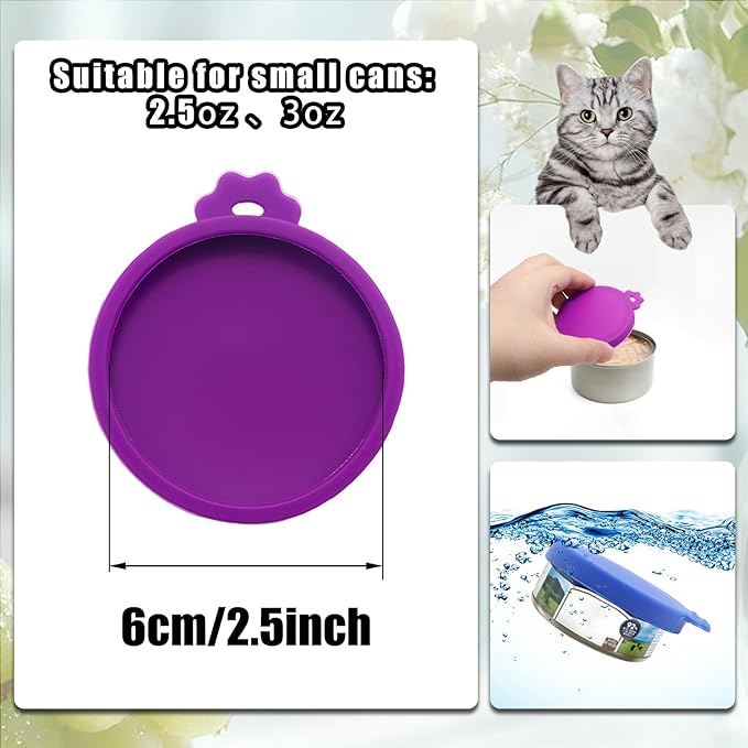 PINE & LINEN 4 Pcs 2.5inch Durable Pet Can Lids,Silicone Small Pet Can Covers Waterproof Cat Food Cans Lids for 3 oz Cat Food Cans(Purple+Blue+Orange+Sky Blue)